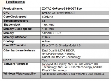 ZOTAC Announces Power Efficient GeForce® 9600GT Eco